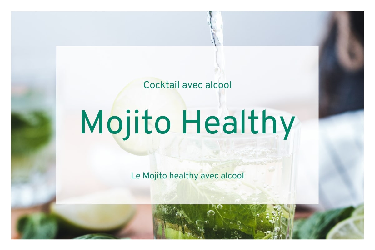 image avec un mojito en fond, sur le premier plan il y a un carré blanc écrit "mojito healthy, boisson en alcool" 